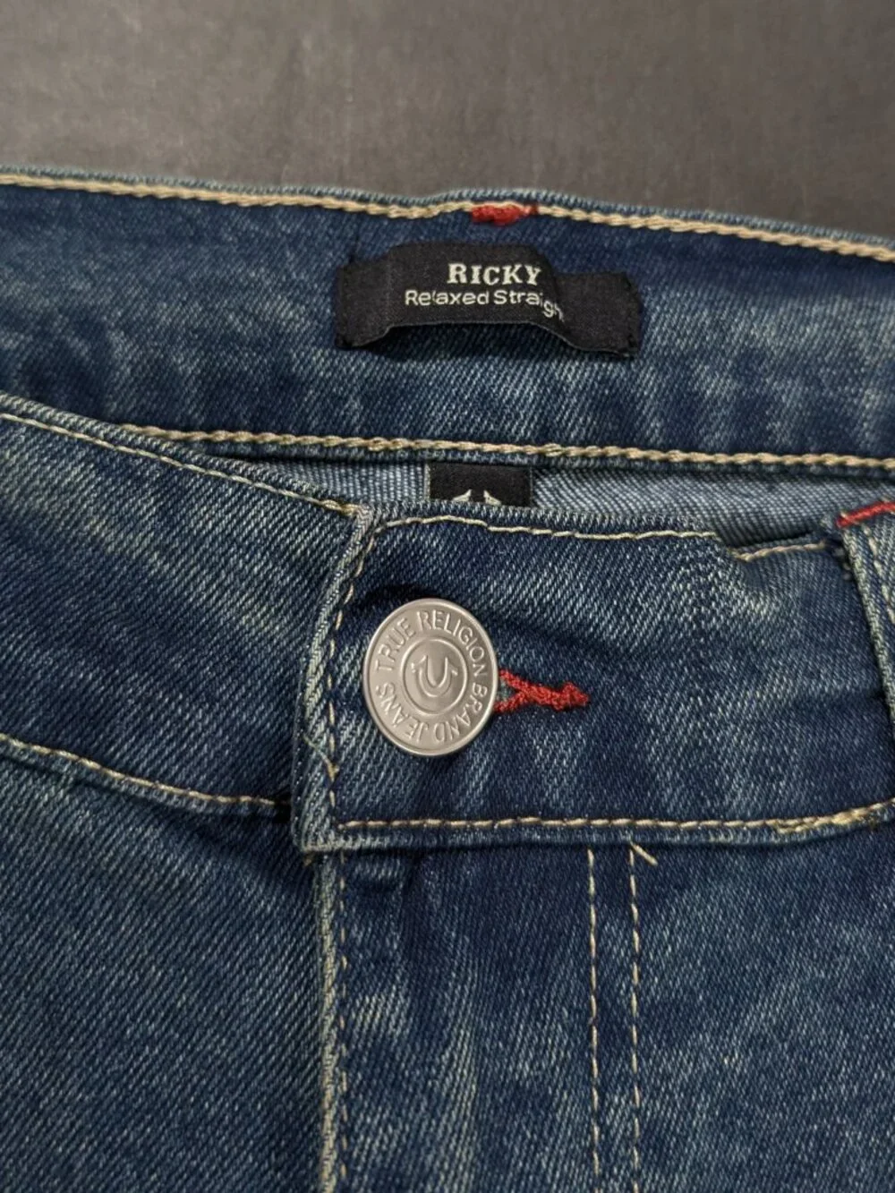 $164 True Religion Ricky Relaxed Straight Jean Men`s Size 36x34 Medium Wash